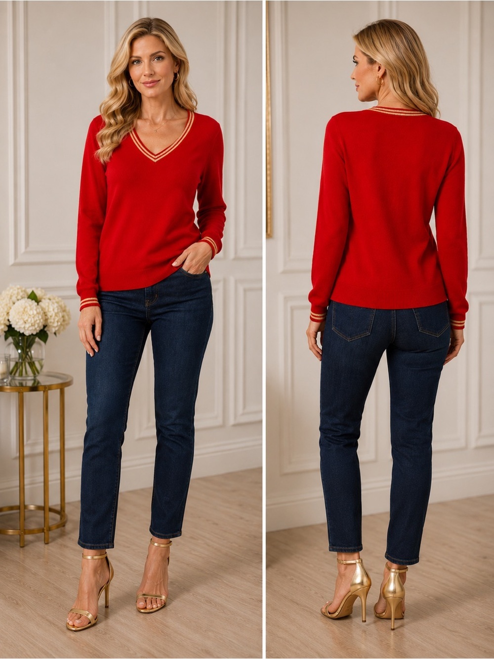 Tommy Hilfiger Red V-Neck Sweater with Gold Metallic Trim – Size XL